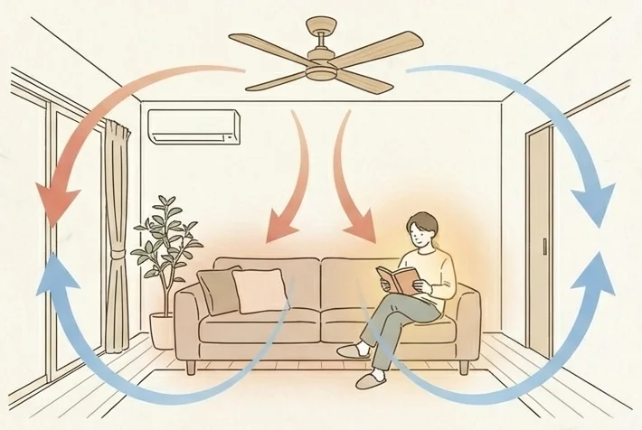 シーリングファンやシーリングサーキュレーターで自然な対流を緩やかに循環させるイメージ図